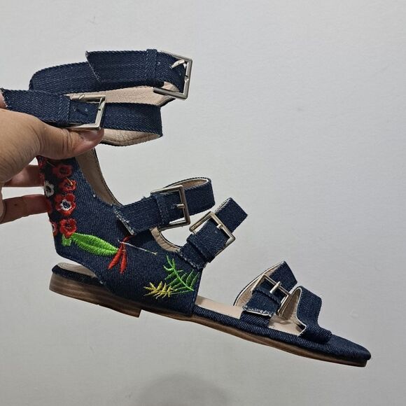Vintage Havana Nina Black Denim Floral Embroidered Gladiator Sandal Size 8 Blue - Picture 15 of 15